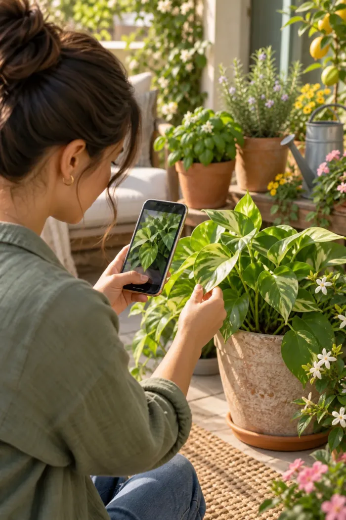 A gardener tending plants outdoors