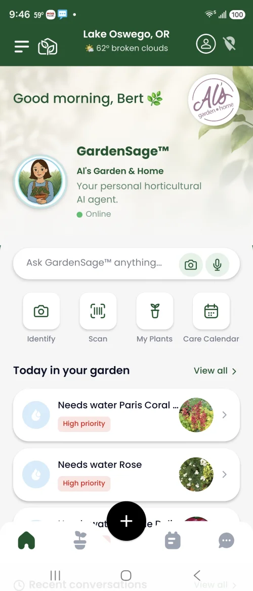 GardenSage™ app home screen showing plant guidance and care tools
